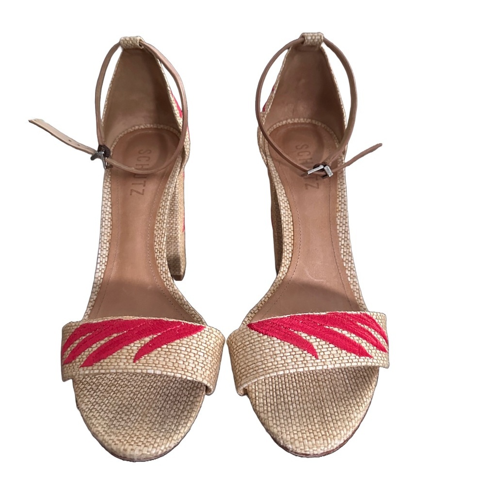 SCHUTZ Caroline Carolaine Raffia Embroidery Flame Palm Leaf Heels Shoes 8B